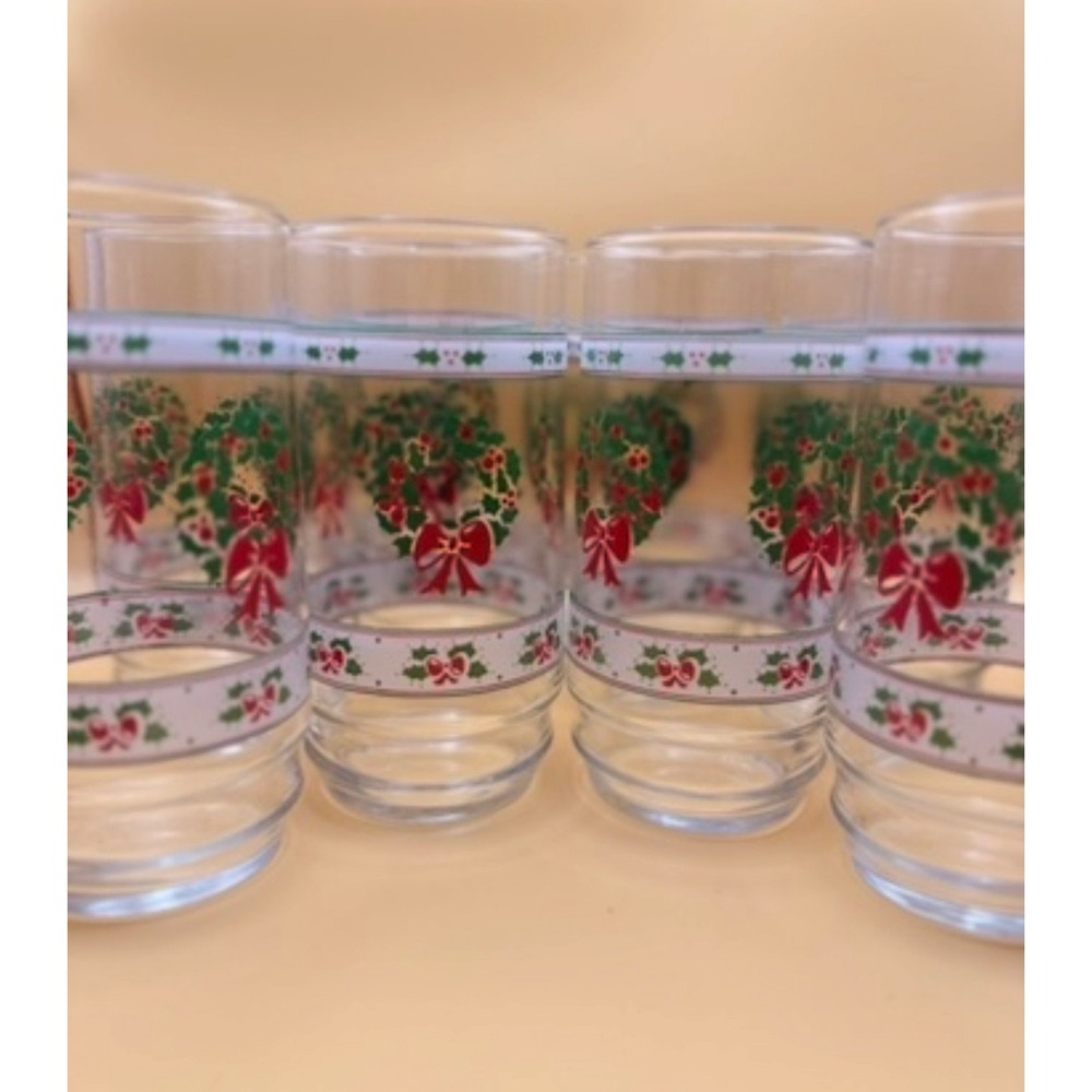 Vintage Christmas Holly Wreath Highball Glasses Set of 8 Red Bow Holiday Barware - Picture 1 of 3